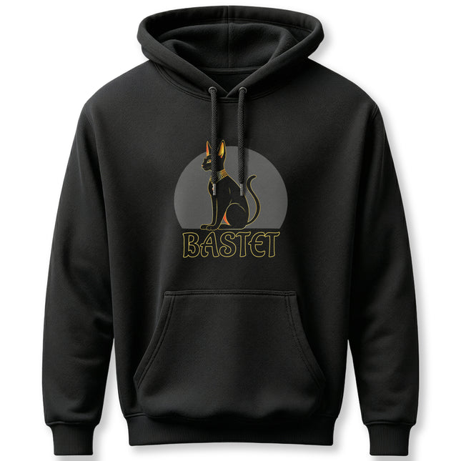 Bastet, the Egyptian cat goddess, graphic design on a black pullover hoodie.
