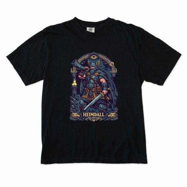 Heimdall Norse god t-shirt graphic featuring Gjallarhorn and detailed Viking mythology art.
