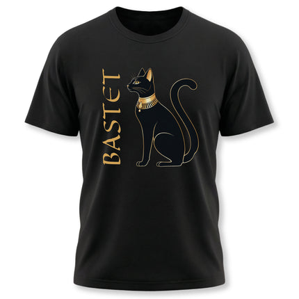 Bastet cat graphic tee featuring the Egyptian goddess symbol and name.