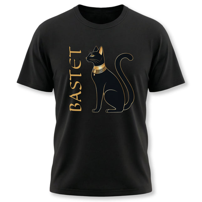 Bastet cat graphic tee featuring the Egyptian goddess symbol and name.