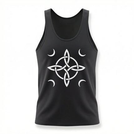 Black tank top featuring a white Celtic knot and crescent moon spiritual protection symbol.