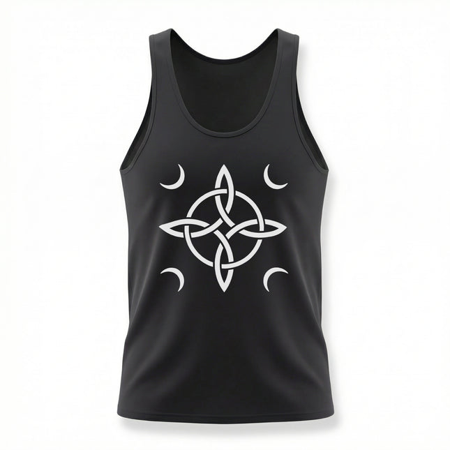 Black tank top featuring a white Celtic knot and crescent moon spiritual protection symbol.