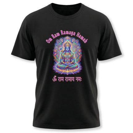 Psychedelic Lord Rama mandala t-shirt with Om Ramaya Namah Hindu mantra art.