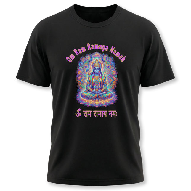 Psychedelic Lord Rama mandala t-shirt with Om Ramaya Namah Hindu mantra art.