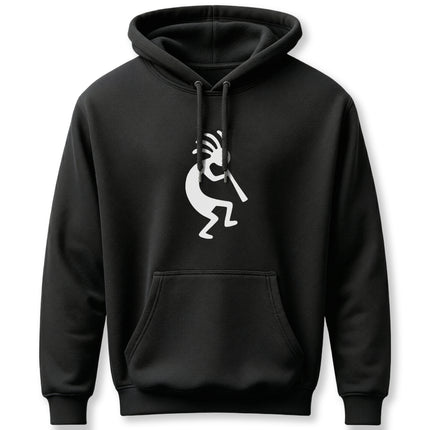 Black pullover hoodie featuring a white Kokopelli flute player graphic. Southwest cultural design.