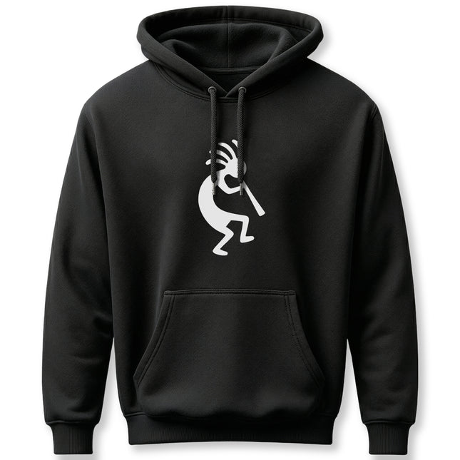 Black pullover hoodie featuring a white Kokopelli flute player graphic. Southwest cultural design.