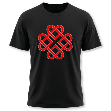 Red Celtic knot love symbol graphic on a black unisex t-shirt.