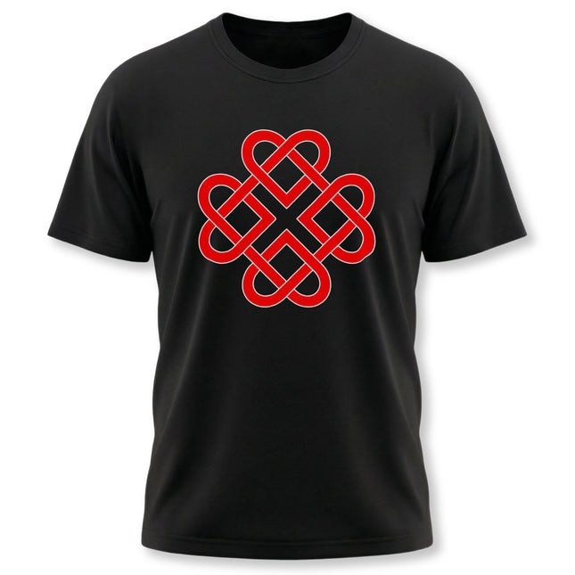 Red Celtic knot love symbol graphic on a black unisex t-shirt.