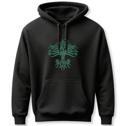 Intricate green Celtic Tree of Life knotwork graphic on a black unisex hoodie.