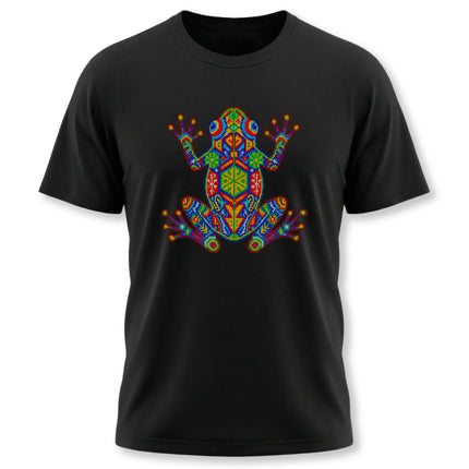 Vibrant Huichol mosaic frog art graphic tee on a black shirt.