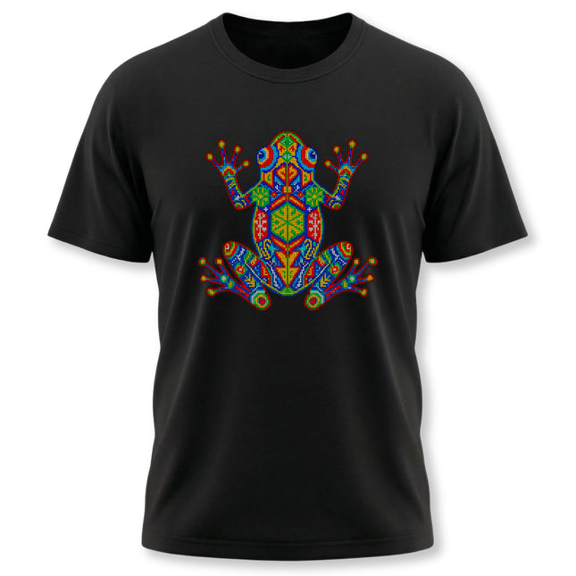 Vibrant Huichol mosaic frog art graphic tee on a black shirt.