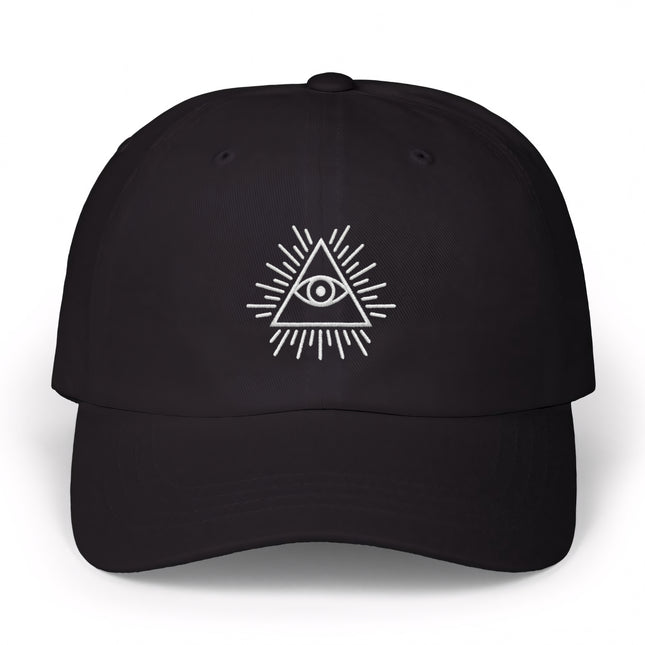 Black baseball cap embroidered with the Eye of Providence symbol.