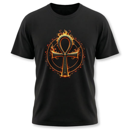Burning Ankh symbol of life graphic tee featuring ancient Egyptian design.