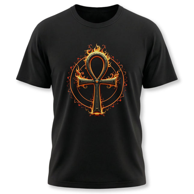 Burning Ankh symbol of life graphic tee featuring ancient Egyptian design.