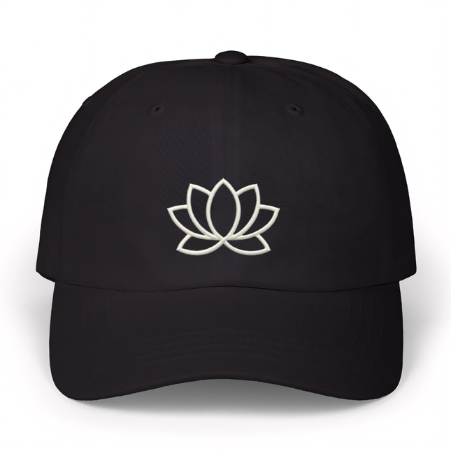 Black baseball cap with white embroidered lotus flower symbol.
