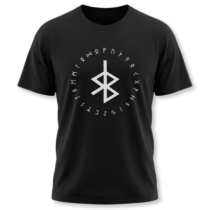 Black t-shirt featuring the Bind Rune and a surrounding circle of Elder Futhark runes.