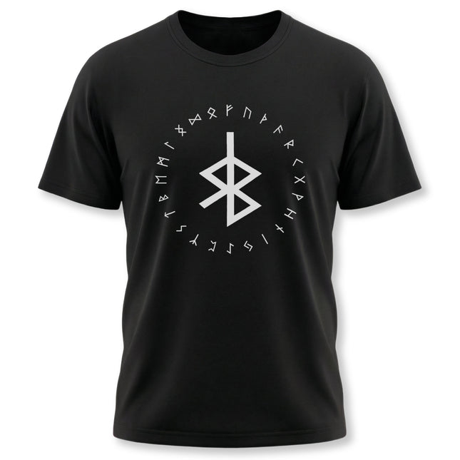 Black t-shirt featuring the Bind Rune and a surrounding circle of Elder Futhark runes.