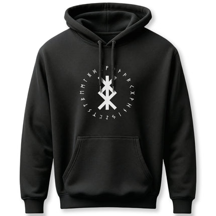 Black Norse rune graphic hoodie featuring binding symbols for protection.