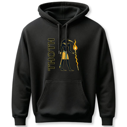 Thoth, the Egyptian god, graphic on black hoodie, holding a flaming staff.