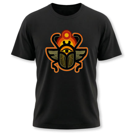 Ancient Egyptian Khepri scarab beetle graphic on a black t-shirt.