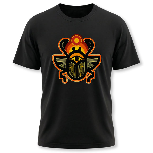 Ancient Egyptian Khepri scarab beetle graphic on a black t-shirt.