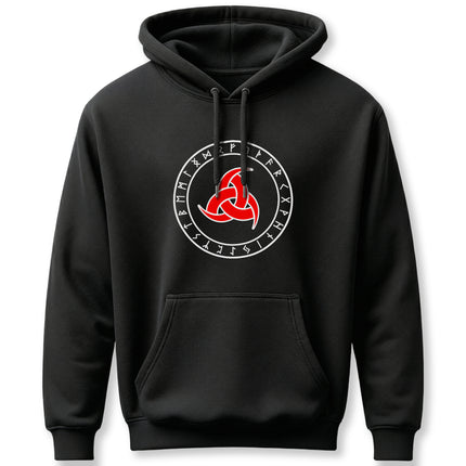 Norse runes and Odin's horns graphic on a black Viking hoodie.