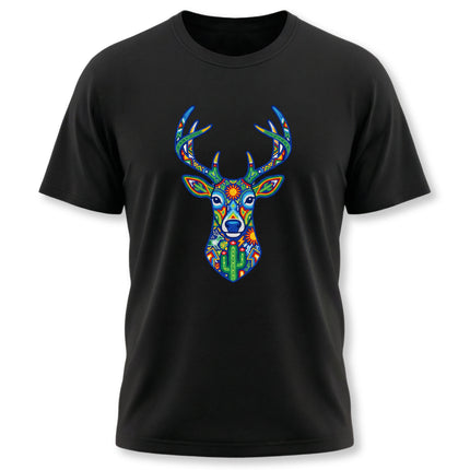 Huichol Mexican folk art deer graphic tee on a black t-shirt.