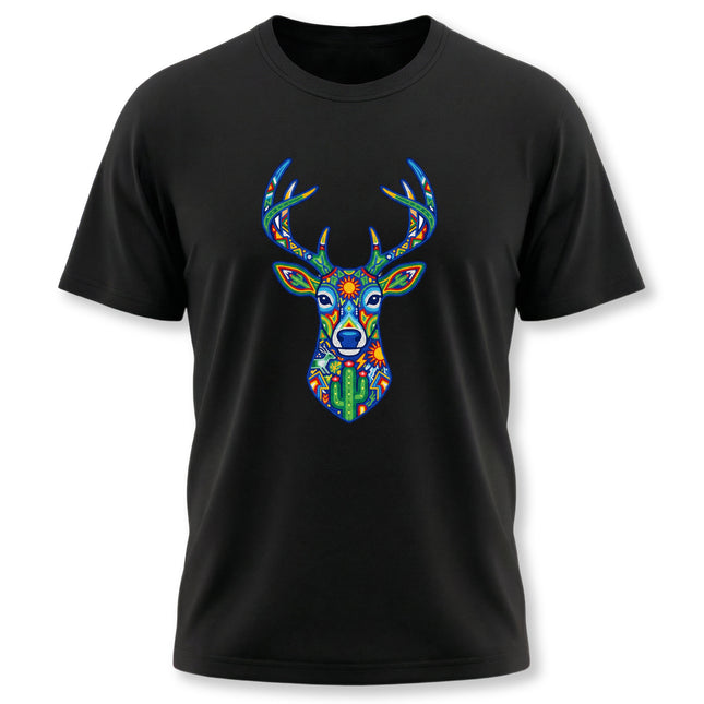 Huichol Mexican folk art deer graphic tee on a black t-shirt.