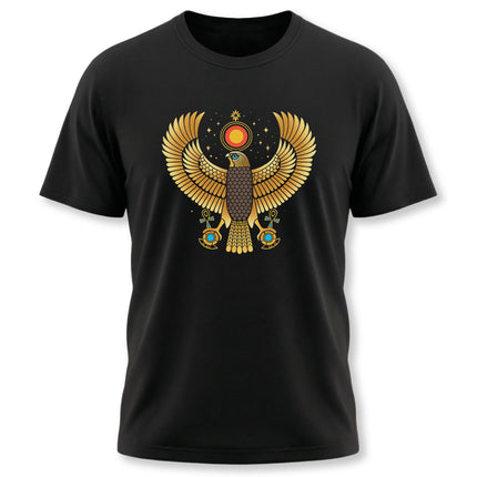 Golden Ra falcon graphic tee with ancient Egyptian mythology design.
