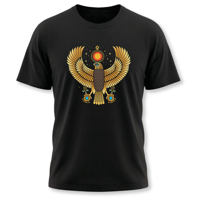 Golden Ra falcon graphic tee with ancient Egyptian mythology design.