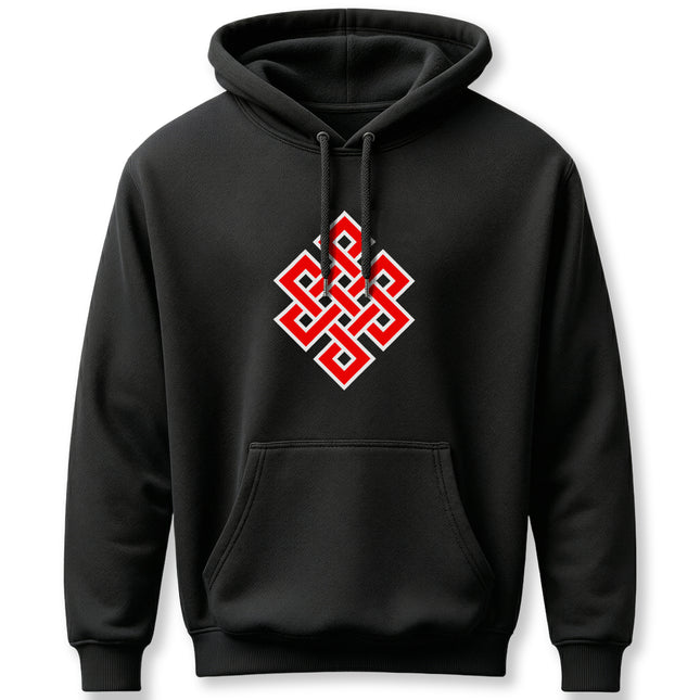 Black pullover hoodie with red Endless Knot Buddhist symbol graphic.