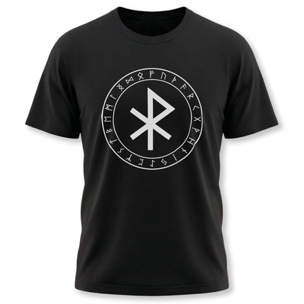 Norse rune t-shirt featuring the Algiz protection symbol and Futhark runes.