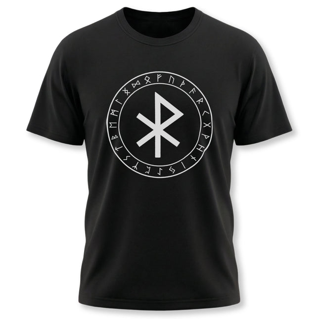 Norse rune t-shirt featuring the Algiz protection symbol and Futhark runes.