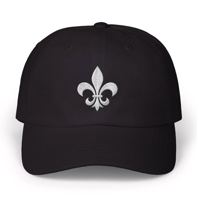 Black baseball cap with white embroidered Fleur-de-Lis symbol.