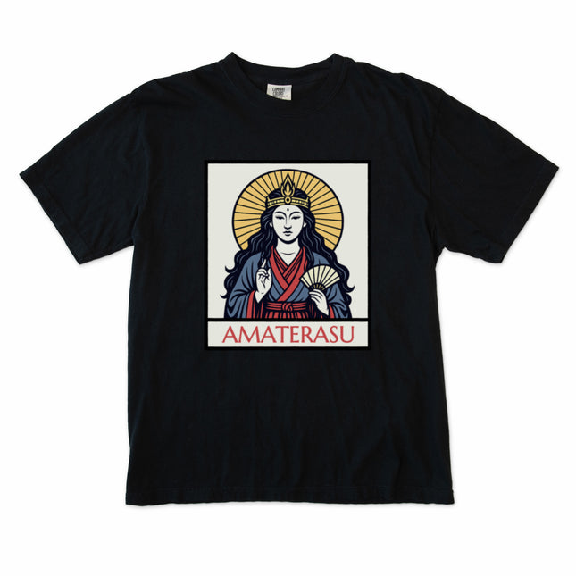 Amaterasu Sun Goddess Japanese mythology graphic t-shirt design for unisex wear.