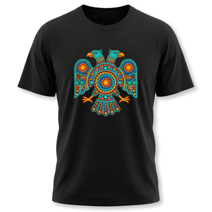 Vibrant double-headed eagle graphic tee featuring Mexican Huichol folk art and Mesoamerican mythology.
