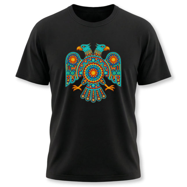 Vibrant double-headed eagle graphic tee featuring Mexican Huichol folk art and Mesoamerican mythology.