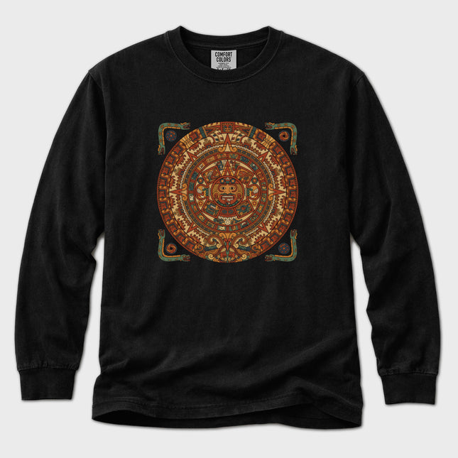 Aztec Calendar Sun Stone art long sleeve tee shirt design.