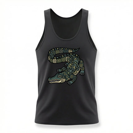 Geometric tribal crocodile design on a black tank top, featuring Mayan-inspired ancient art.