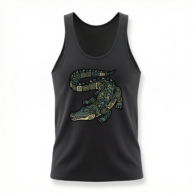 Geometric tribal crocodile design on a black tank top, featuring Mayan-inspired ancient art.