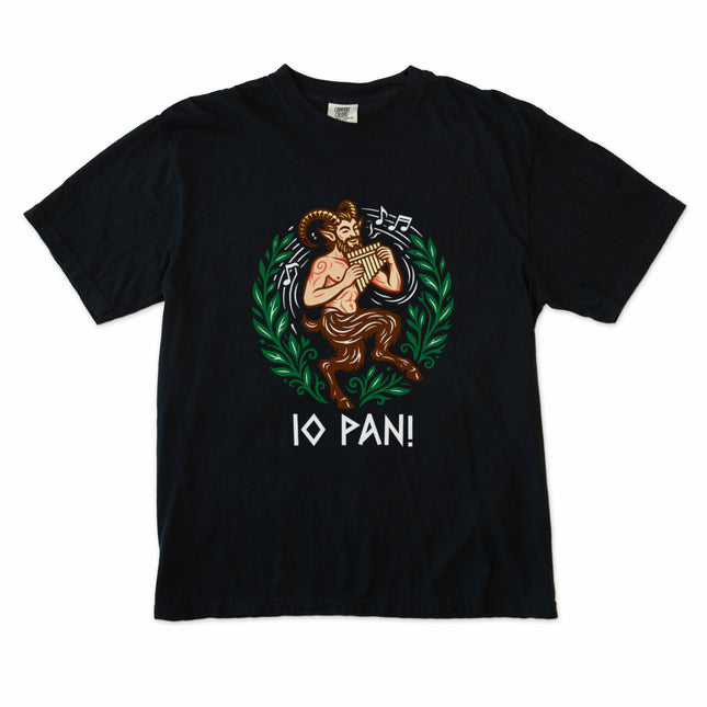 IO Pan T-Shirt graphic featuring Greek mythology, satyr, and pagan themes.