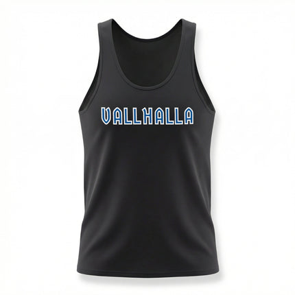 Black Valhalla Norse Viking tank top with bold graphic text.