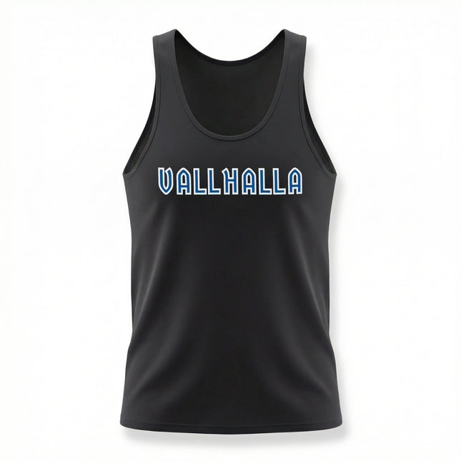 Black Valhalla Norse Viking tank top with bold graphic text.
