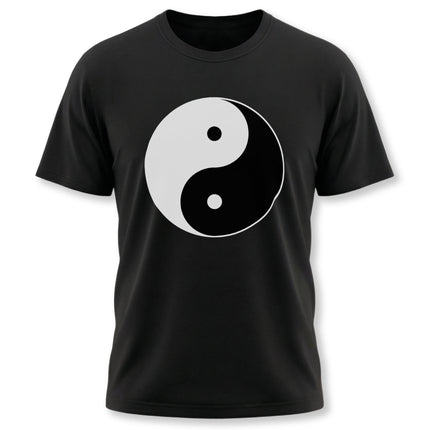 Yin Yang symbol graphic t-shirt on black fabric, representing balance and harmony.