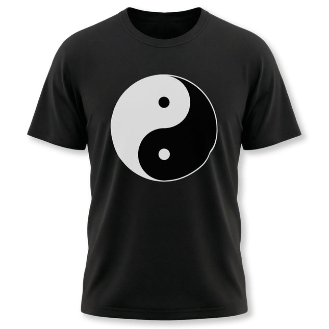 Yin Yang symbol graphic t-shirt on black fabric, representing balance and harmony.