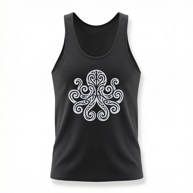 White tribal octopus graphic with celtic knot swirls on a black tank top.