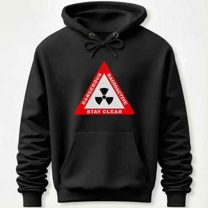 Red radioactive hazard warning triangle graphic on a black hoodie.
