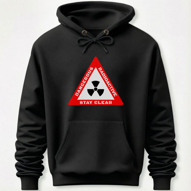 Red radioactive hazard warning triangle graphic on a black hoodie.