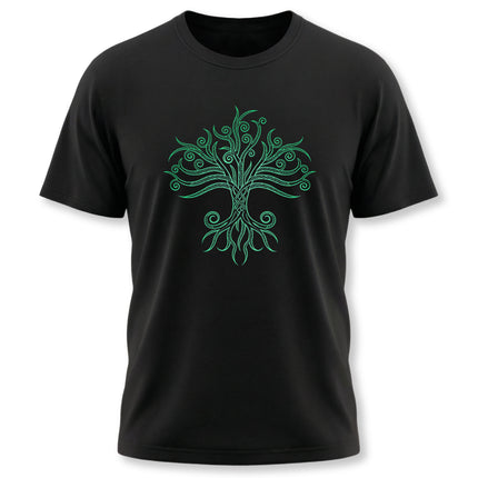 Green Celtic Tree of Life Yggdrasil graphic tee on a black t-shirt.