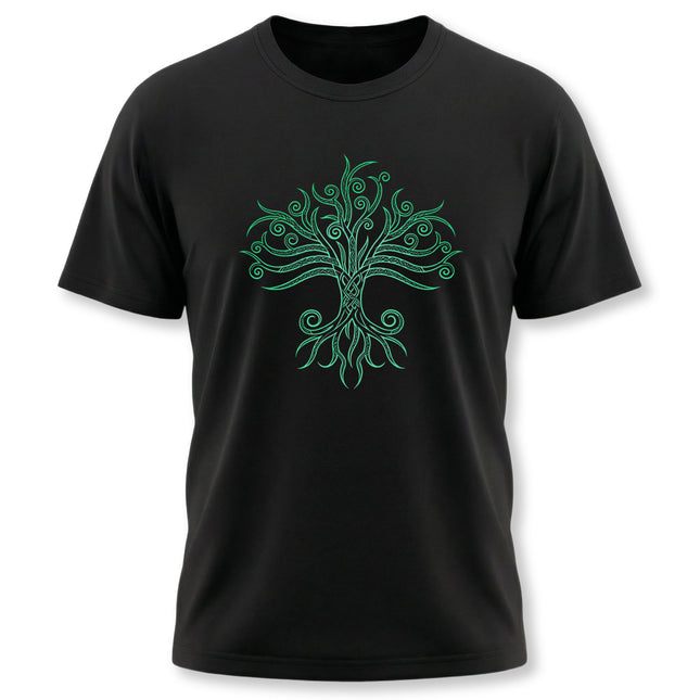 Green Celtic Tree of Life Yggdrasil graphic tee on a black t-shirt.